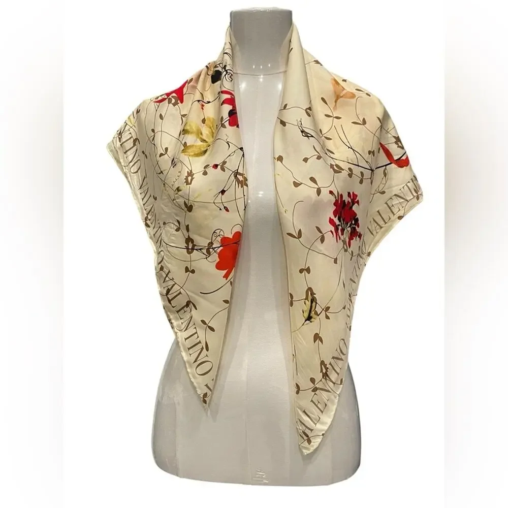 Valentino Silk Scarf - Vibrant Red and Cream Floral